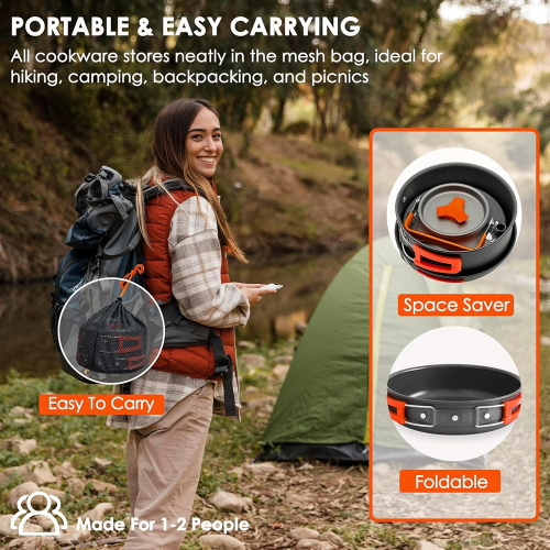 Hard Alumina Camping Cookware Set – Portable Pot, Frying Pan &amp;amp; Tea Kettle with Mesh Carry Bag