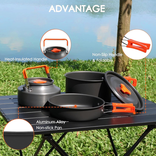 Hard Alumina Camping Cookware Set – Portable Pot, Frying Pan &amp;amp; Tea Kettle with Mesh Carry Bag