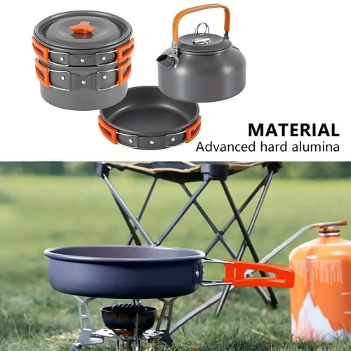 Hard Alumina Camping Cookware Set – Portable Pot, Frying Pan &amp;amp; Tea Kettle with Mesh Carry Bag