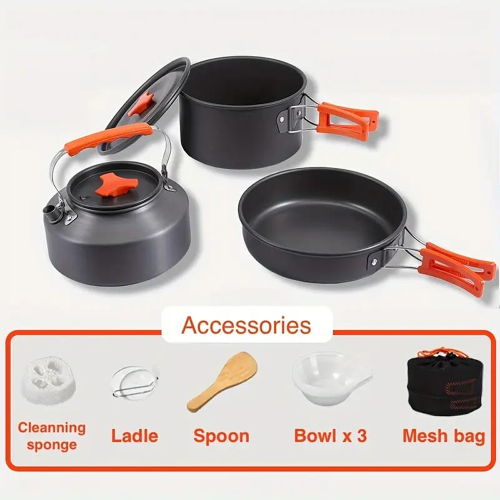 Hard Alumina Camping Cookware Set – Portable Pot, Frying Pan &amp;amp; Tea Kettle with Mesh Carry Bag