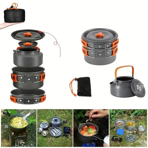 Hard Alumina Camping Cookware Set – Portable Pot, Frying Pan &amp;amp; Tea Kettle with Mesh Carry Bag