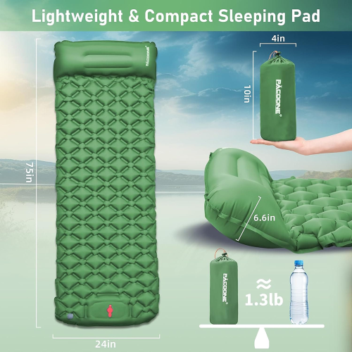PACOONE Ultralight Inflatable Camping Sleeping Pad with Pillow